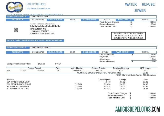 Em branco modelo de conta de serviços públicos da cidade de Oxnard, EUA, Califórnia, em formatos Word e PDF